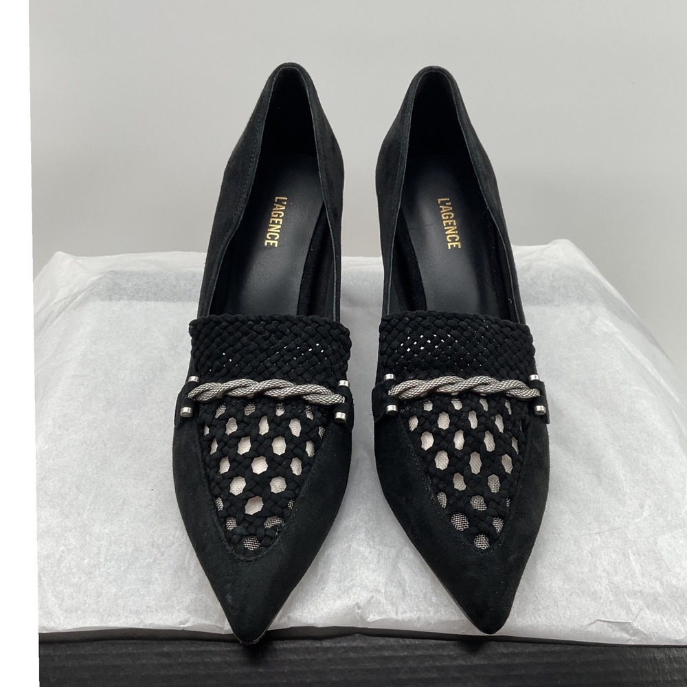 LAGENCE Black Suede Woven Mesh Chain Accent Block Heel Pointed Toe Pumps 5.5